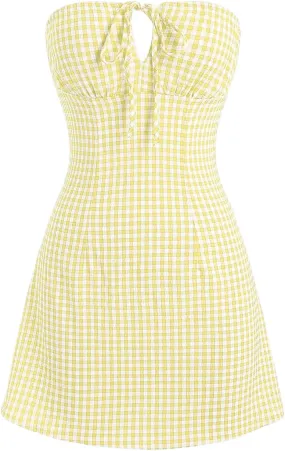 Floerns Women's Gingham Print Strapless Tube Dress Tie Front A Line Boho Dresses