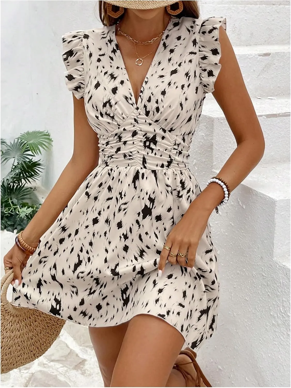 Floerns Women's Printed V Neck Ruffle Cap Sleeve Dress Ruched A Line Mini Dresses