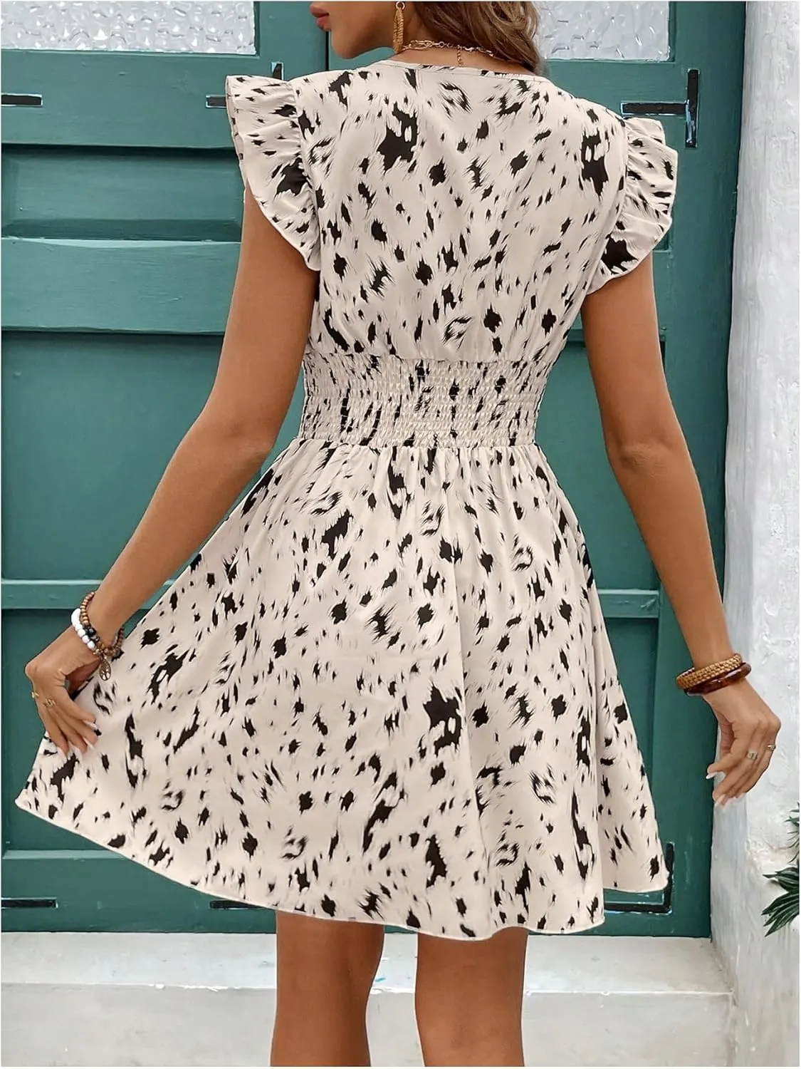 Floerns Women's Printed V Neck Ruffle Cap Sleeve Dress Ruched A Line Mini Dresses