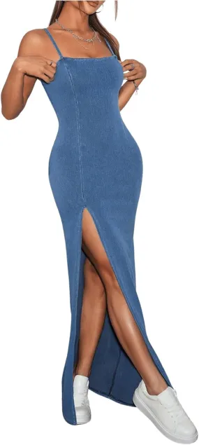 Floerns Women's Sleeveless Denim Dress Slit Hem Streetwear Bodycon Cami Long Dress