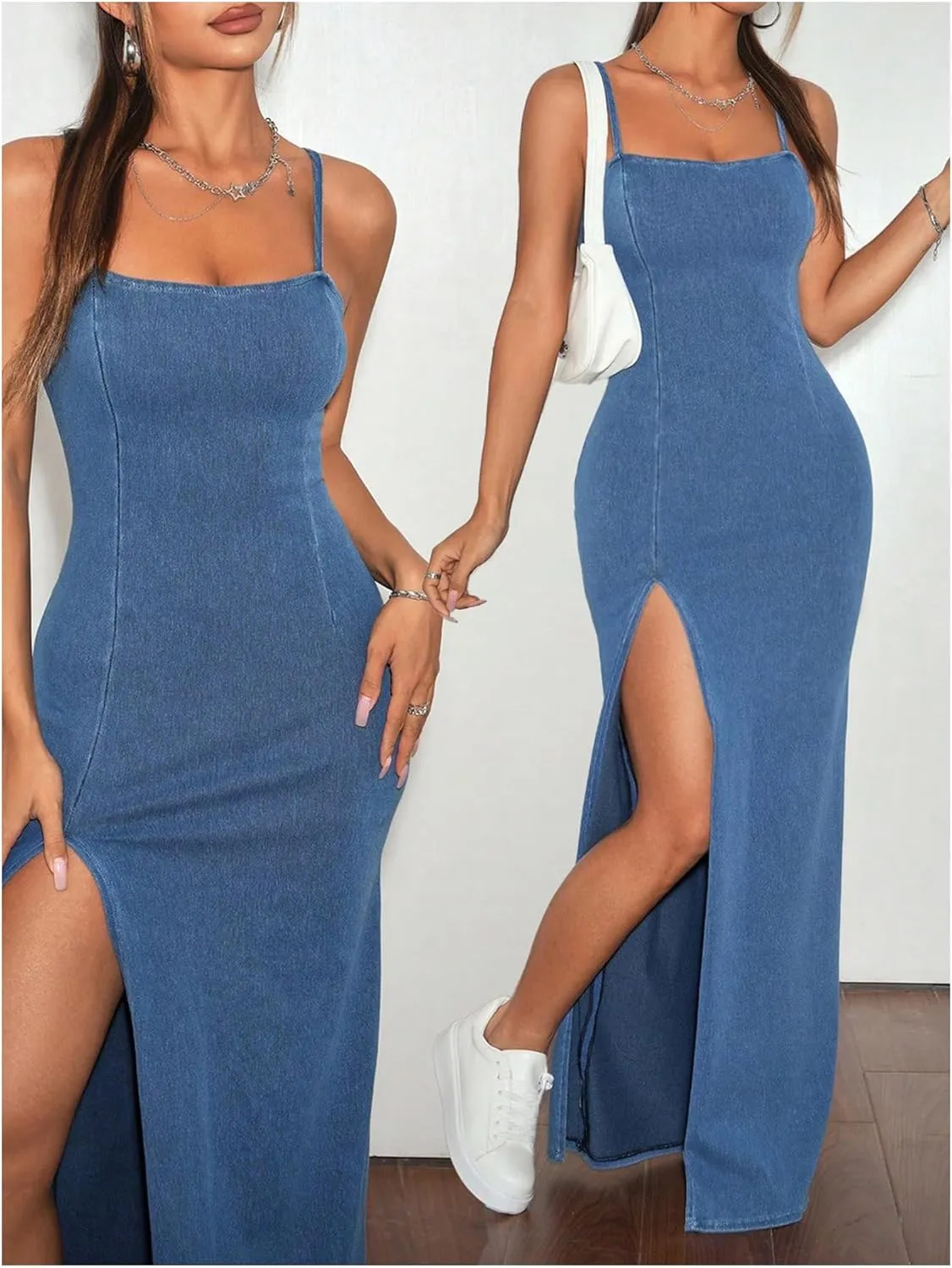 Floerns Women's Sleeveless Denim Dress Slit Hem Streetwear Bodycon Cami Long Dress