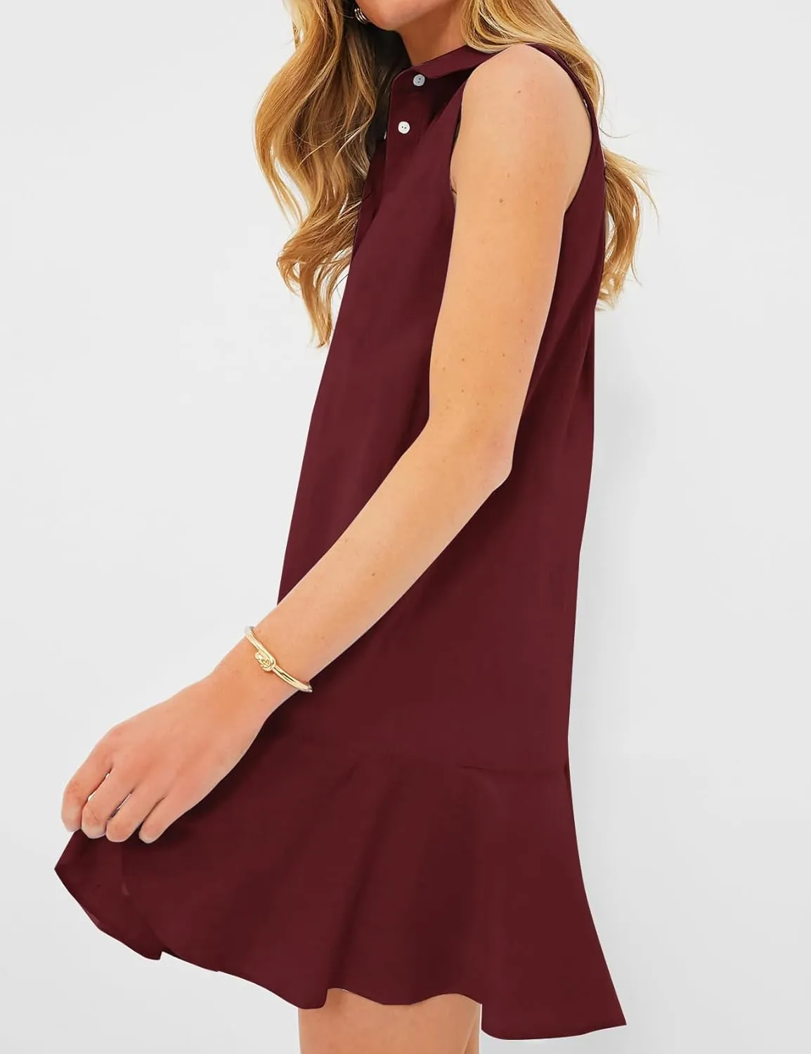 Flygo Tunic Mini Shirt Dresses for Women 2024 Button Down Sleeveless Cotton Shirt Dress Ruffle Shift Dresses with Pockets