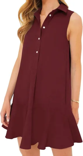 Flygo Tunic Mini Shirt Dresses for Women 2024 Button Down Sleeveless Cotton Shirt Dress Ruffle Shift Dresses with Pockets
