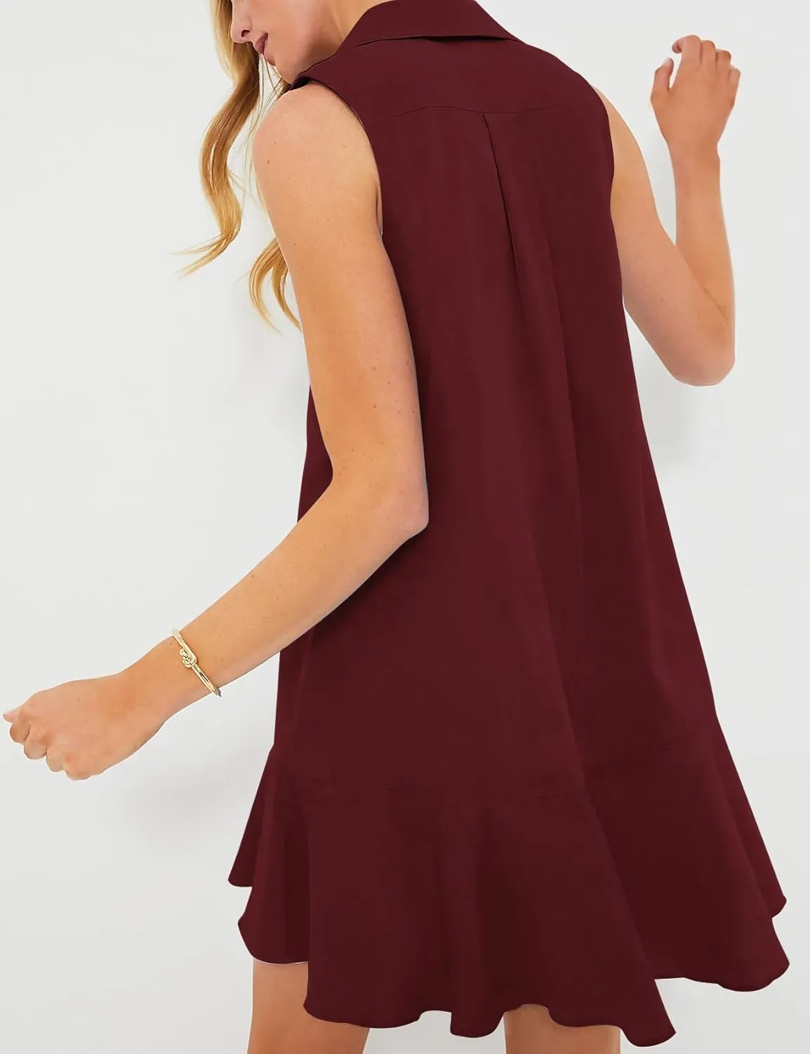 Flygo Tunic Mini Shirt Dresses for Women 2024 Button Down Sleeveless Cotton Shirt Dress Ruffle Shift Dresses with Pockets