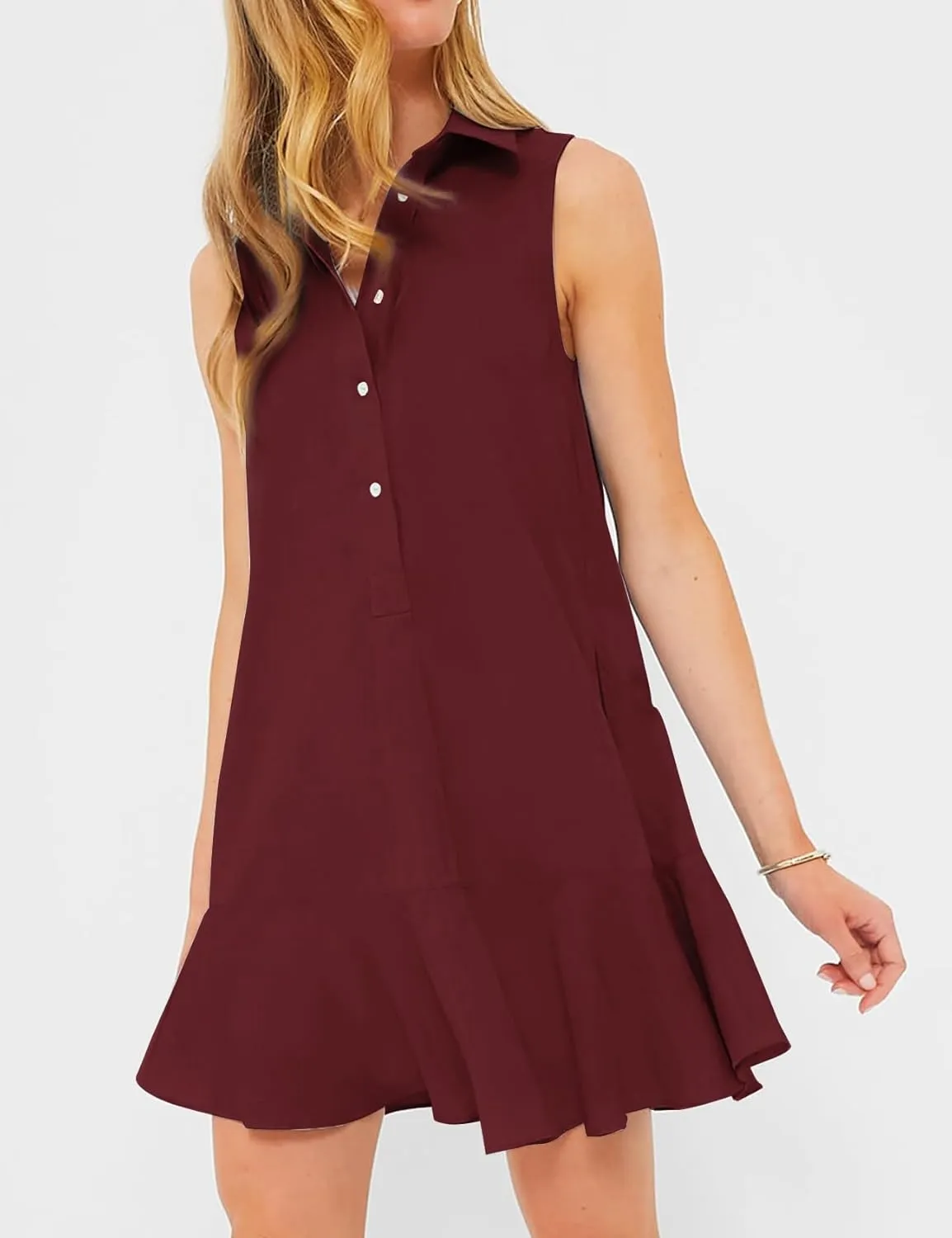 Flygo Tunic Mini Shirt Dresses for Women 2024 Button Down Sleeveless Cotton Shirt Dress Ruffle Shift Dresses with Pockets