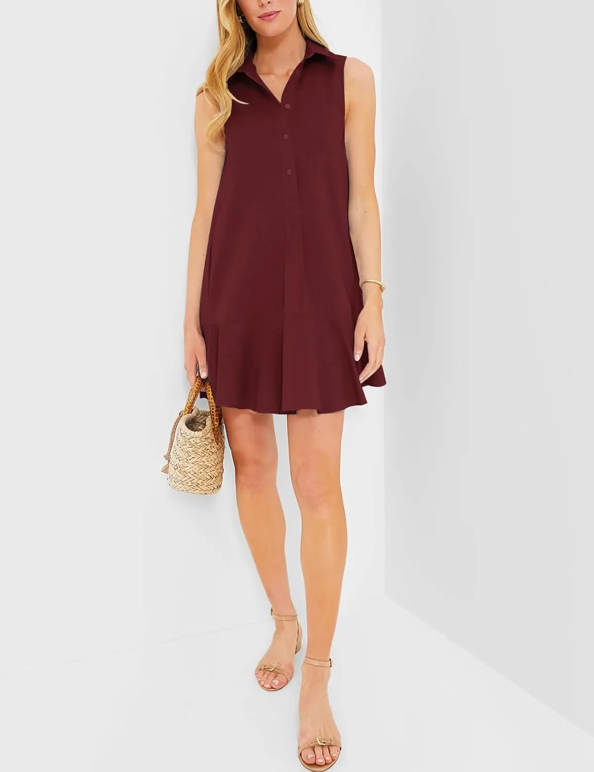 Flygo Tunic Mini Shirt Dresses for Women 2024 Button Down Sleeveless Cotton Shirt Dress Ruffle Shift Dresses with Pockets