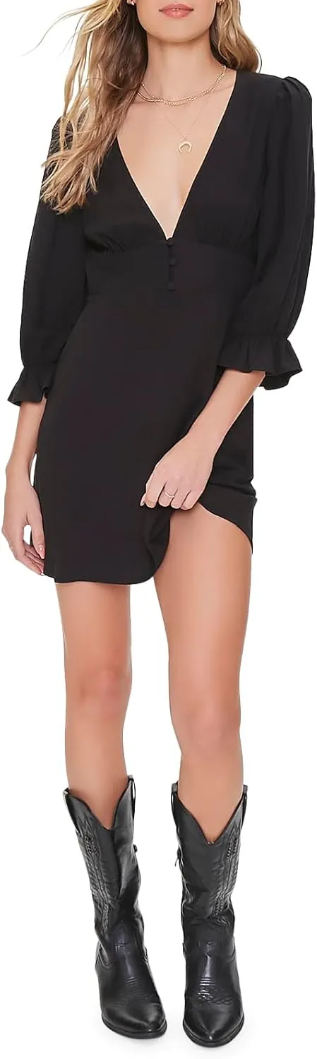 Forever 21 Women's Plunging Trumpet-Sleeve Mini Dress