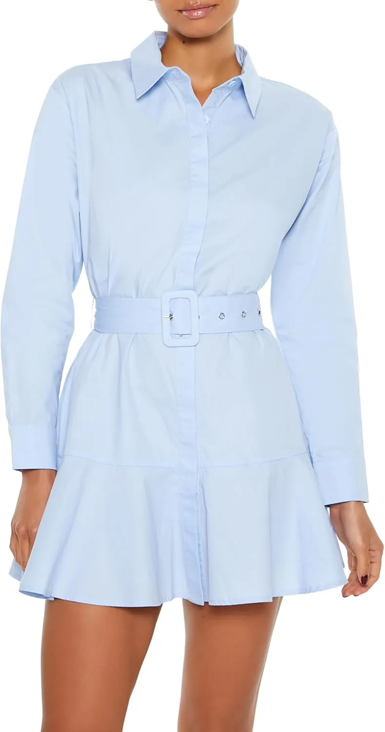 Forever 21 Women's Poplin Belted Mini Shirt Dress