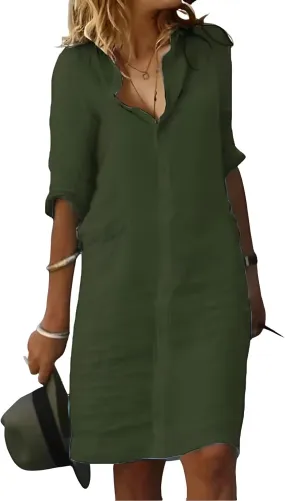 Fronage Women's Summer Midi Shirt Dresses Button Down 1/2 Sleeve Lapel Casual Cotton Linen Dress