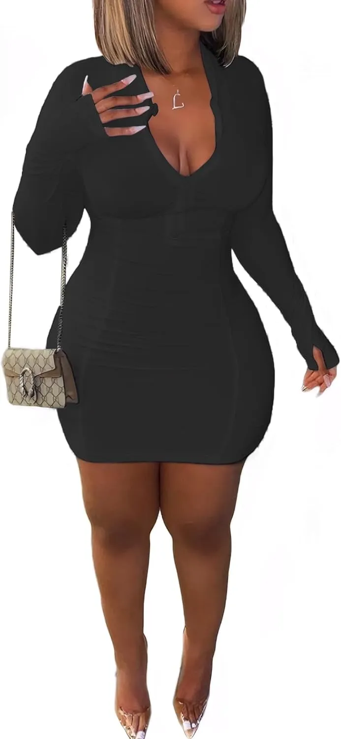 Front Zipper Bodycon Dress Party Long-Sleeve Club Dresses