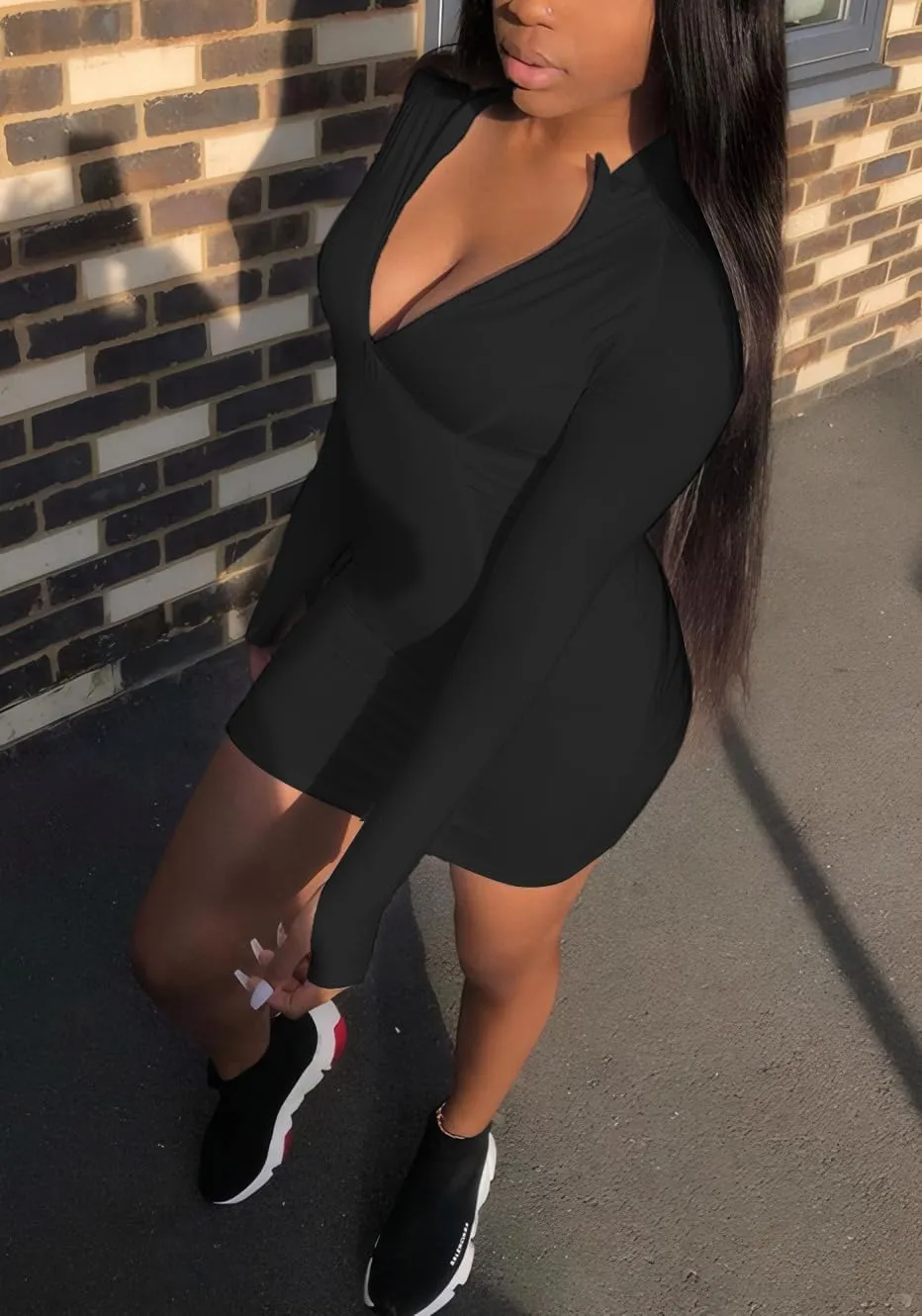 Front Zipper Bodycon Dress Party Long-Sleeve Club Dresses