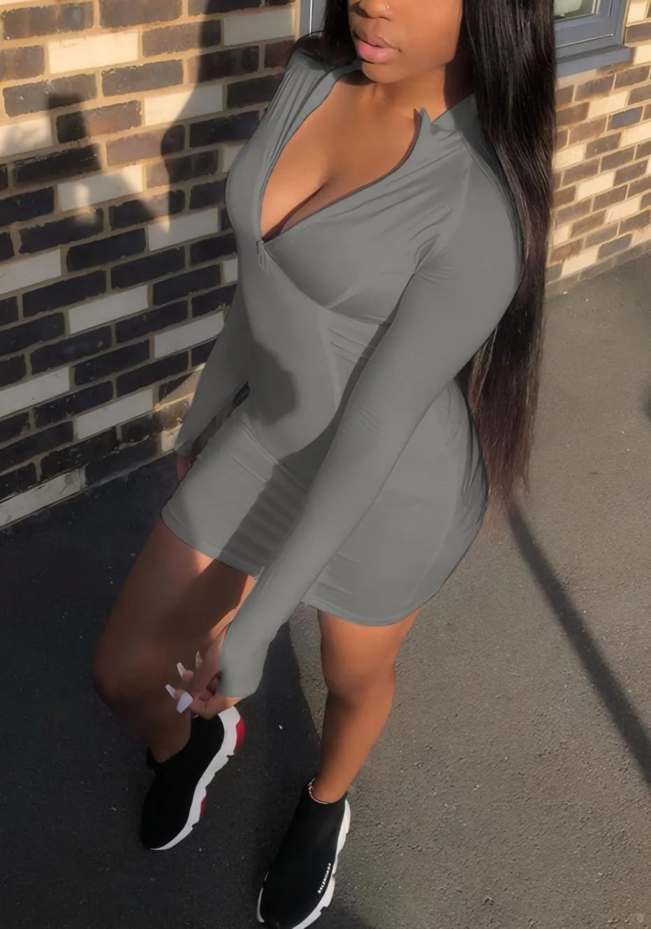 Front Zipper Bodycon Dress Party Long-Sleeve Club Dresses