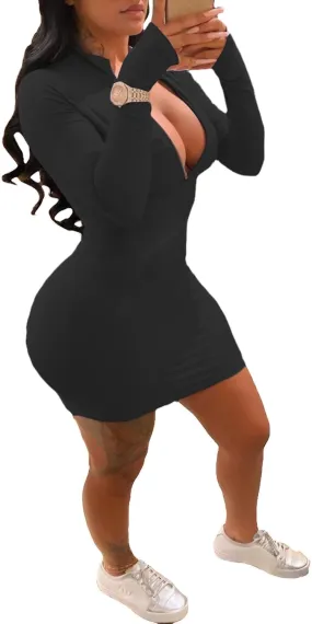 Front Zipper Bodycon Dress Party Long-Sleeve Club Dresses