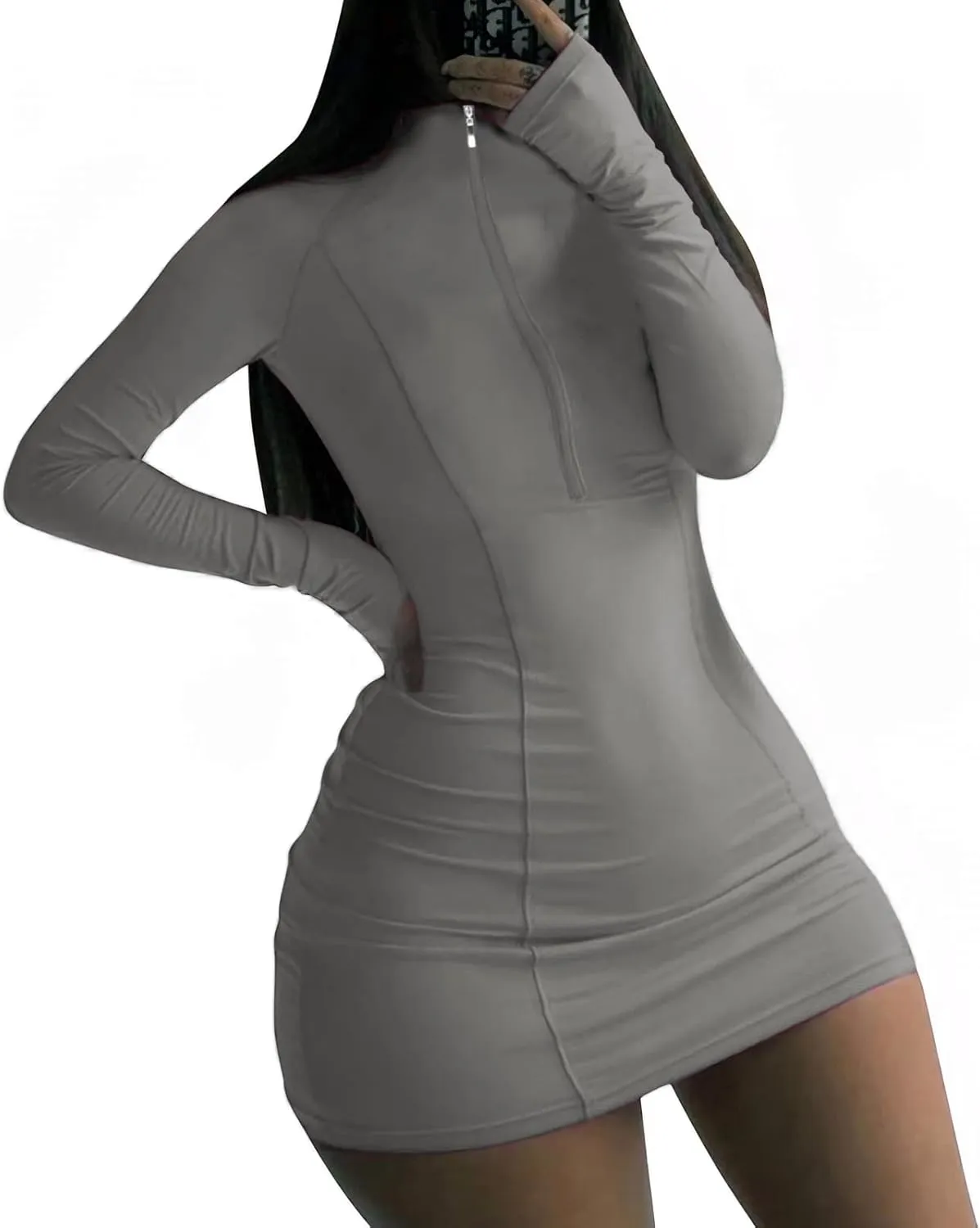 Front Zipper Bodycon Dress Party Long-Sleeve Club Dresses