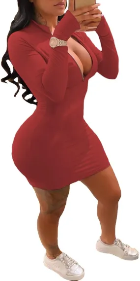 Front Zipper Bodycon Dress Party Long-Sleeve Club Dresses