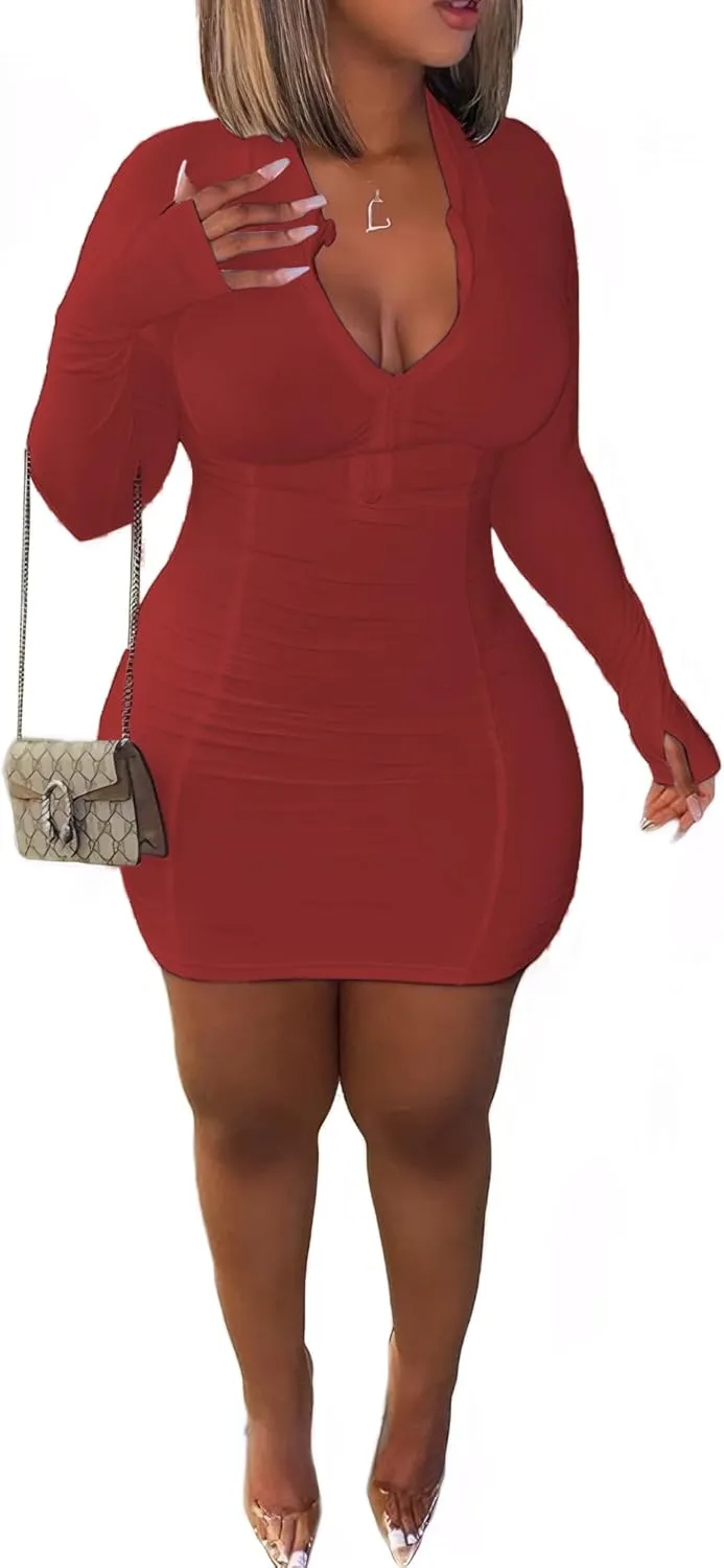 Front Zipper Bodycon Dress Party Long-Sleeve Club Dresses