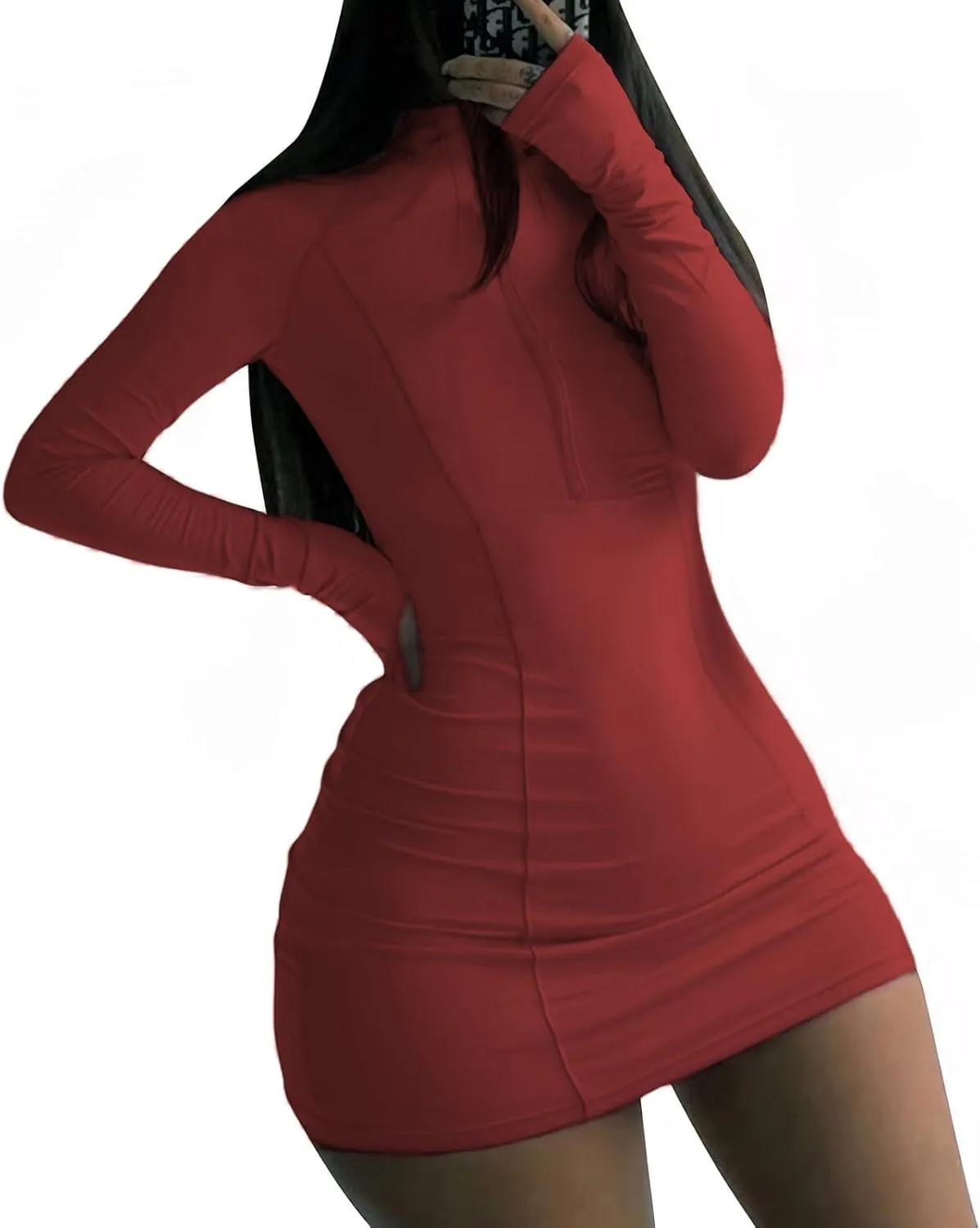 Front Zipper Bodycon Dress Party Long-Sleeve Club Dresses