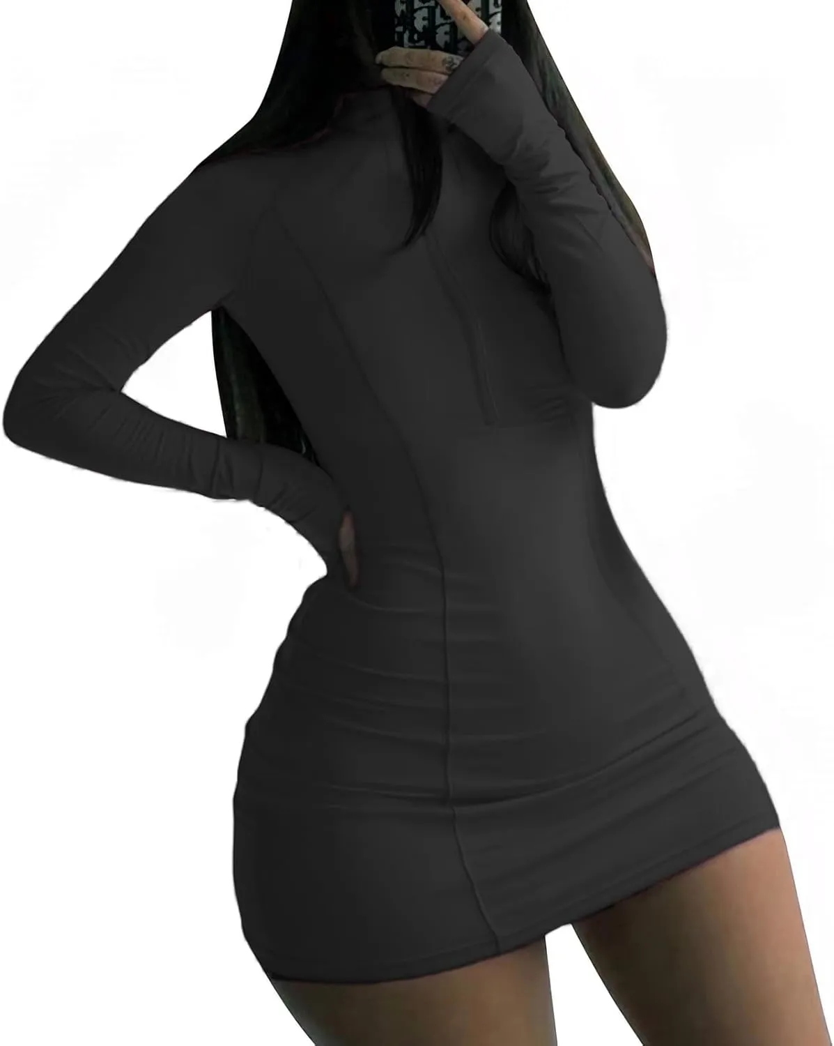 Front Zipper Bodycon Dress Party Long-Sleeve Club Dresses