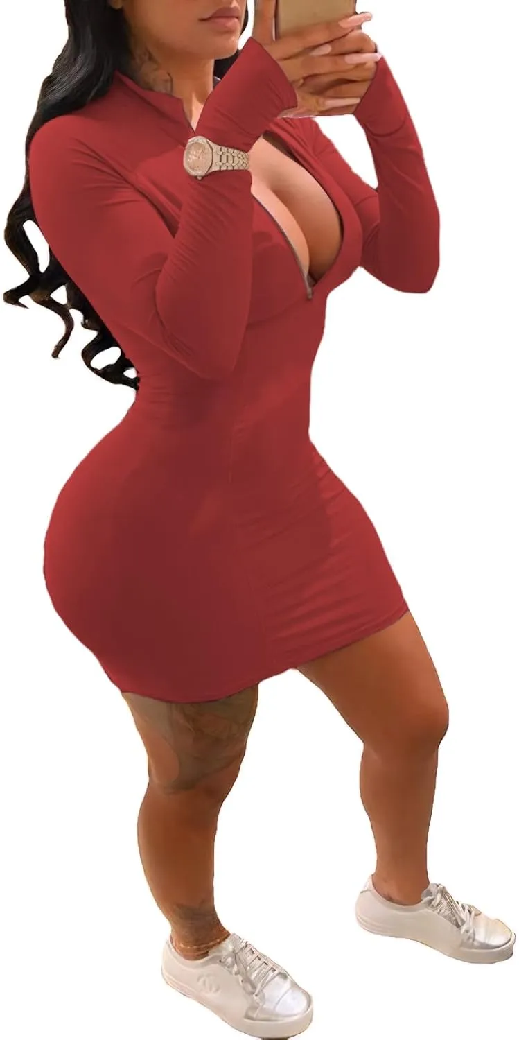 Front Zipper Bodycon Dress Party Long-Sleeve Club Dresses