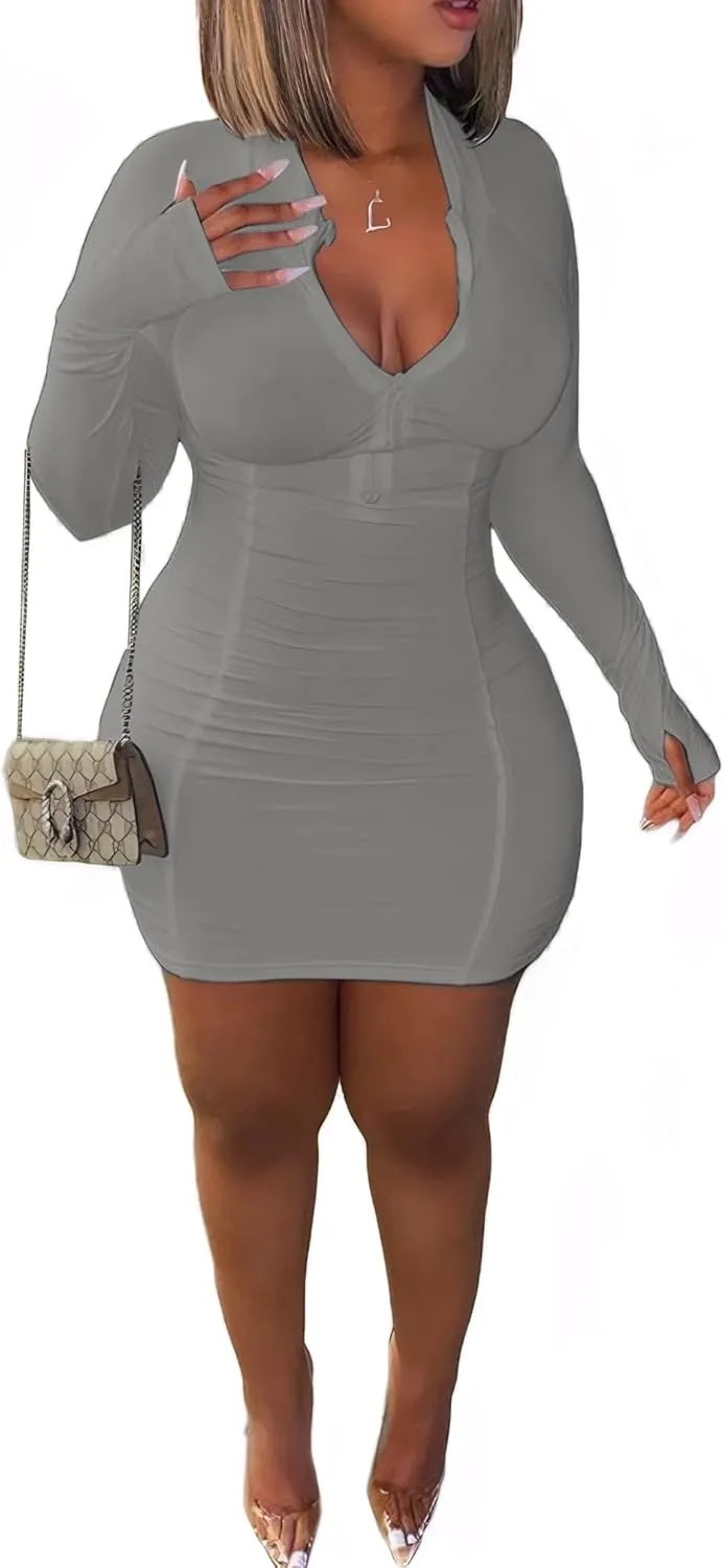 Front Zipper Bodycon Dress Party Long-Sleeve Club Dresses