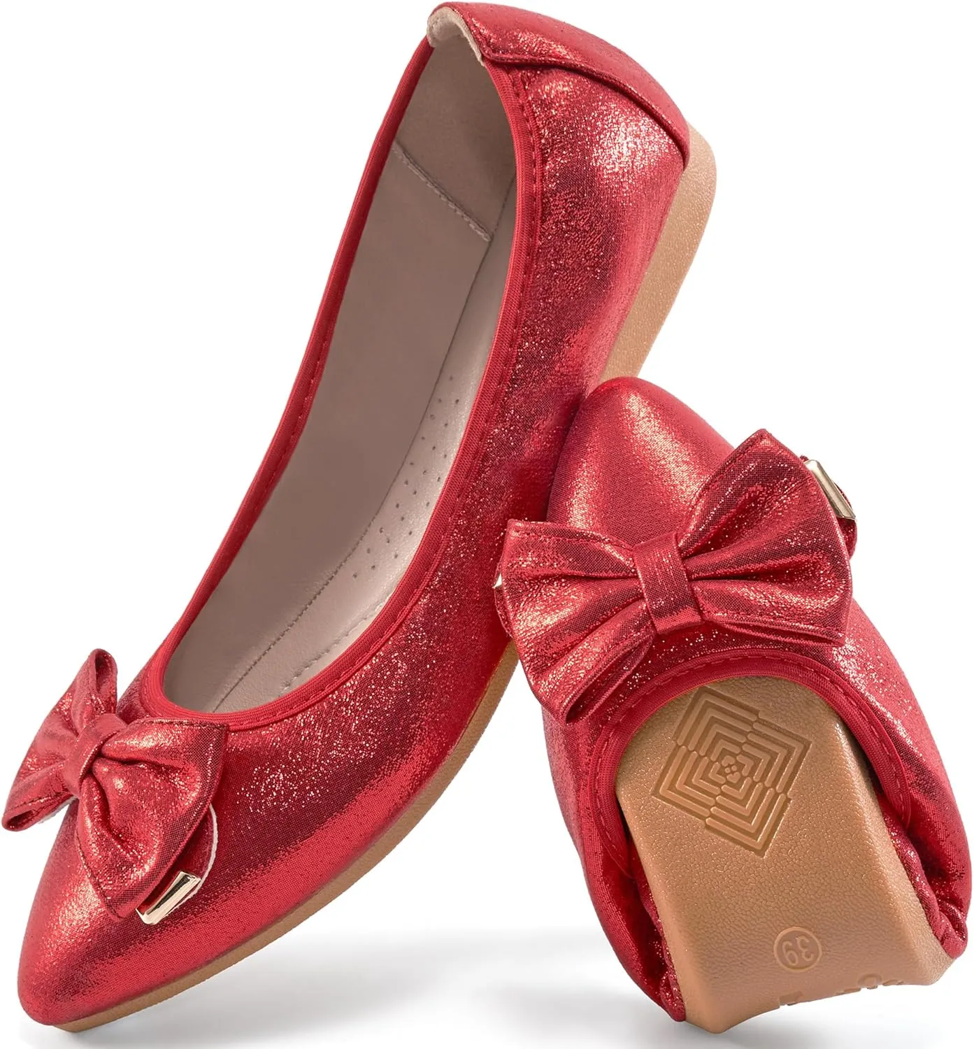 FUDYNMALC Womens Ballet Flats Shoes: Foldable Dressy Wedding Ballerina Shoes Sparkly Bowknot Pointed Toe Slip on Walking Loafers
