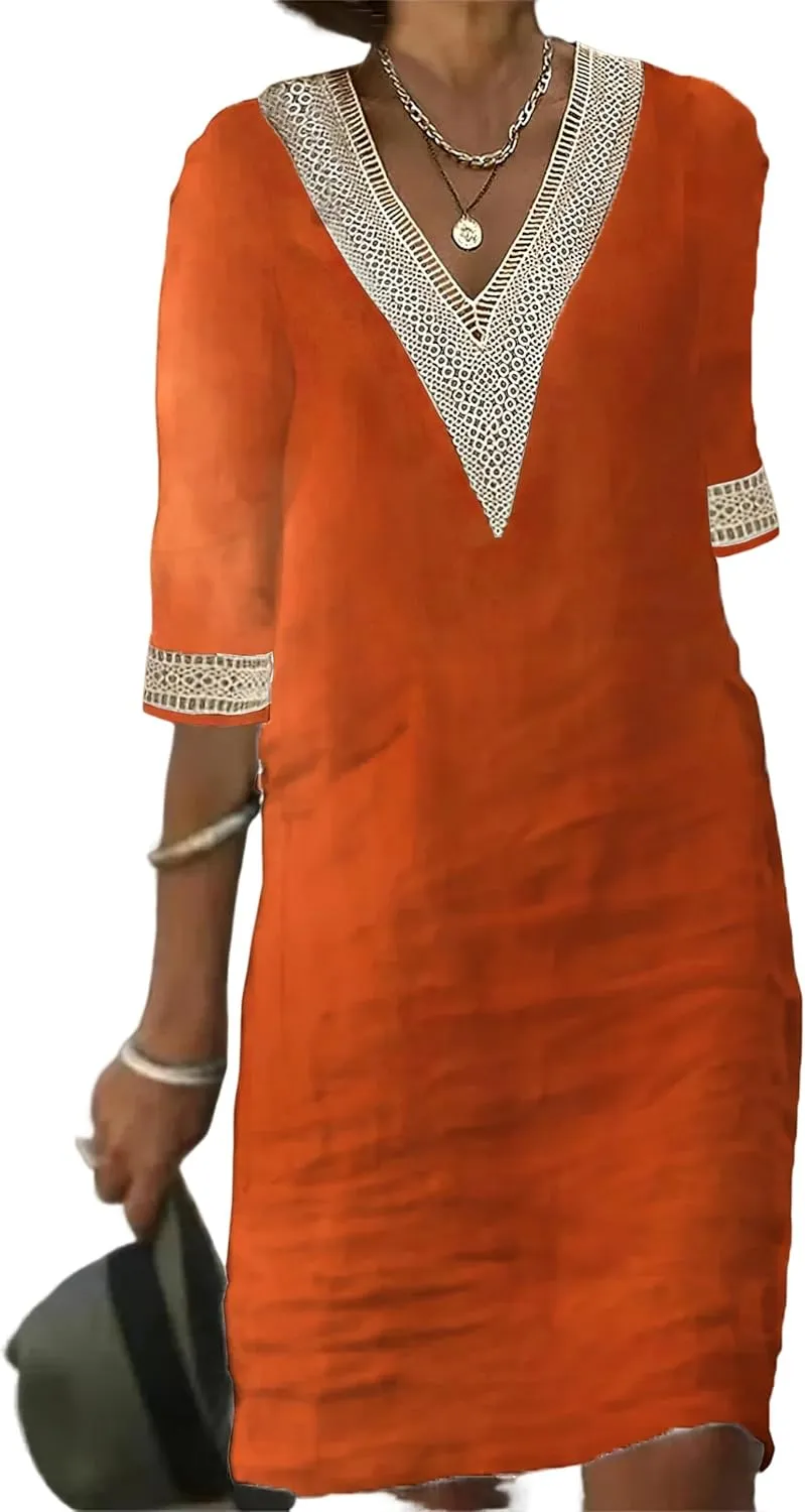 Geleglaer Womens Half Sleeve Cotton Midi Dress Summer Linen Dress Lace V Neck Knee Length Shift Beach Dresses 2025