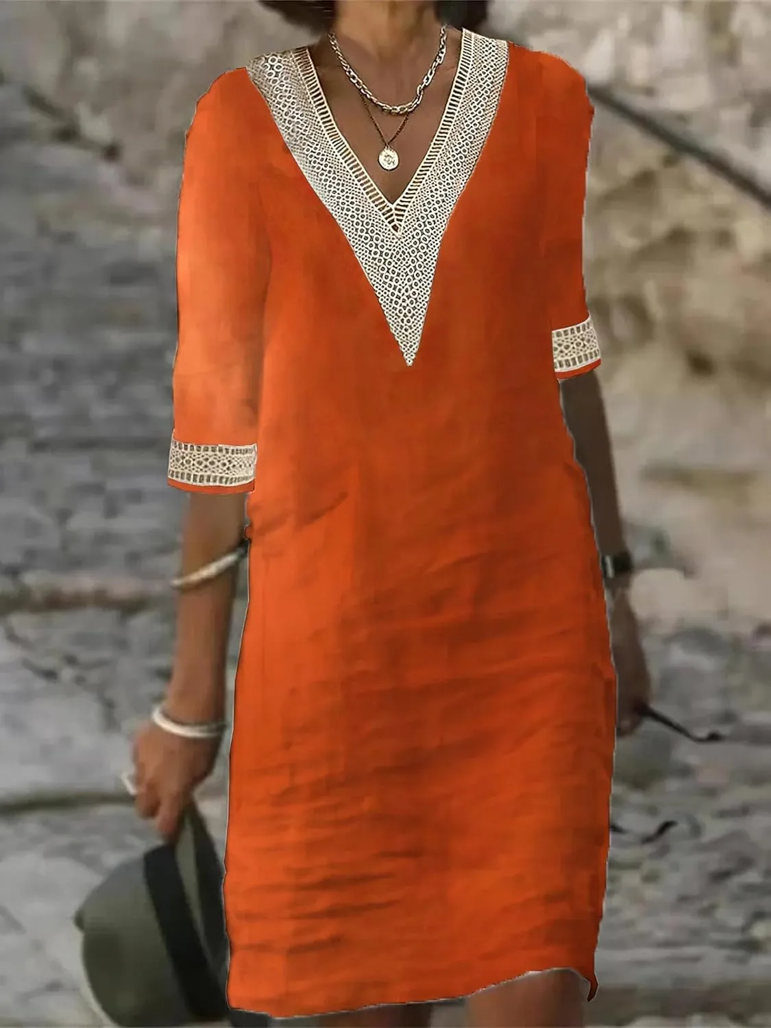 Geleglaer Womens Half Sleeve Cotton Midi Dress Summer Linen Dress Lace V Neck Knee Length Shift Beach Dresses 2025