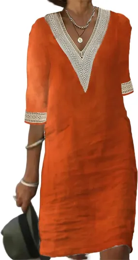 Geleglaer Womens Half Sleeve Cotton Midi Dress Summer Linen Dress Lace V Neck Knee Length Shift Beach Dresses 2025