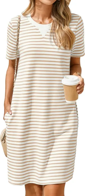 Glamaker Women Summer Tshirt Shift Dress Casual Striped Short Sleeve Crew Neck Knee Length Comfy Dress with Pockets