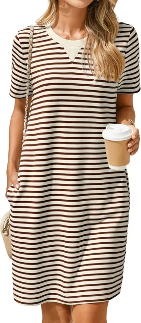 Glamaker Women Summer Tshirt Shift Dress Casual Striped Short Sleeve Crew Neck Knee Length Comfy Dress with Pockets