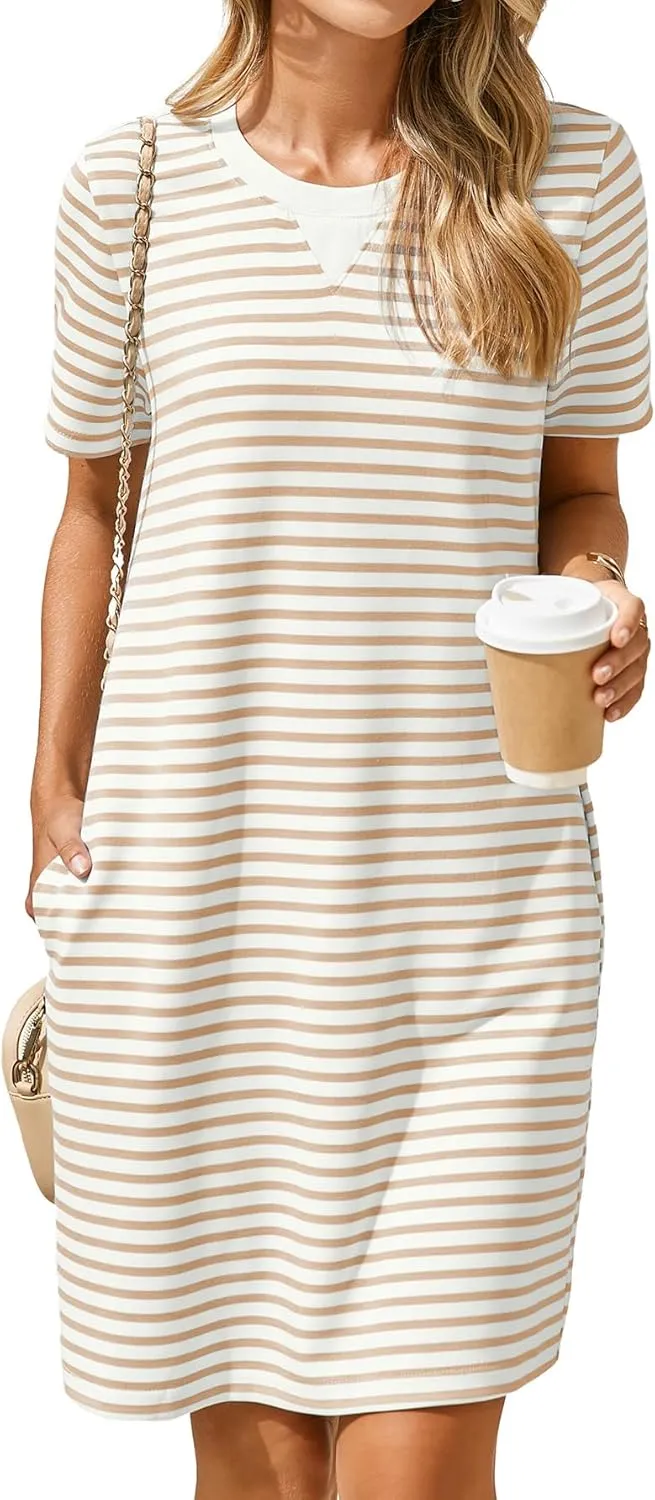 Glamaker Women Summer Tshirt Shift Dress Casual Striped Short Sleeve Crew Neck Knee Length Comfy Dress with Pockets