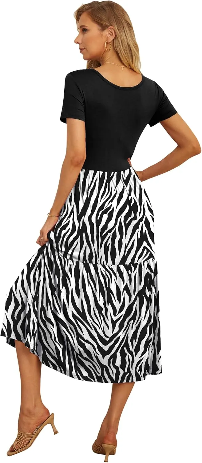 GRECERELLE Women's Summer Casual Crewneck Short Sleeve Aline Tiered Flowy Maxi Dress with Pockets