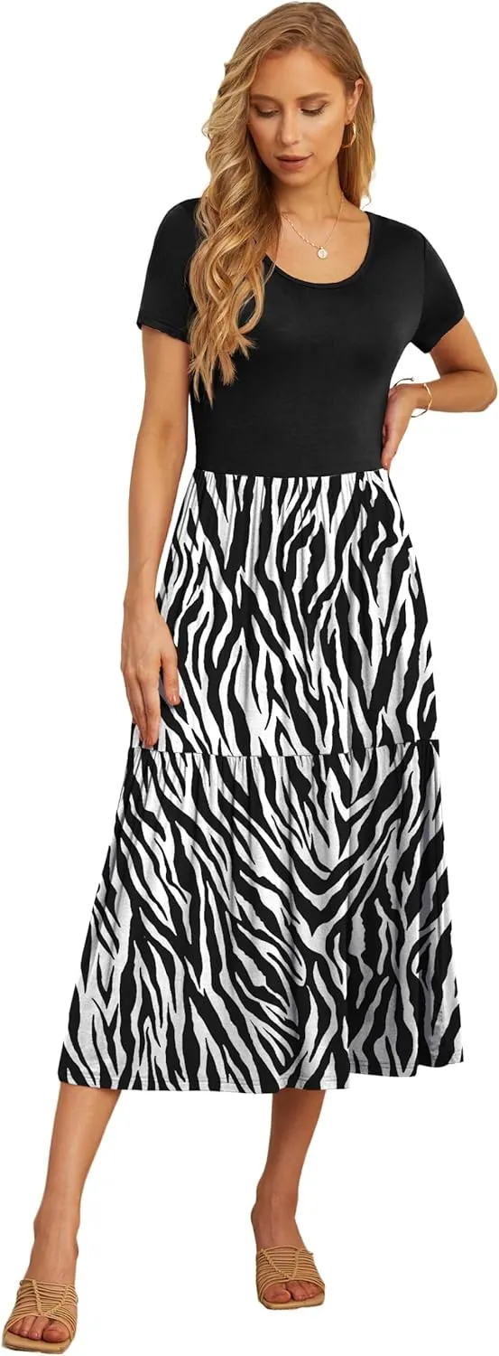 GRECERELLE Women's Summer Casual Crewneck Short Sleeve Aline Tiered Flowy Maxi Dress with Pockets