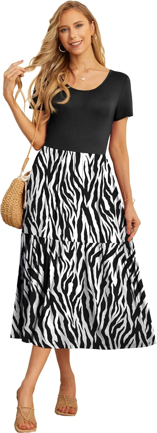 GRECERELLE Women's Summer Casual Crewneck Short Sleeve Aline Tiered Flowy Maxi Dress with Pockets