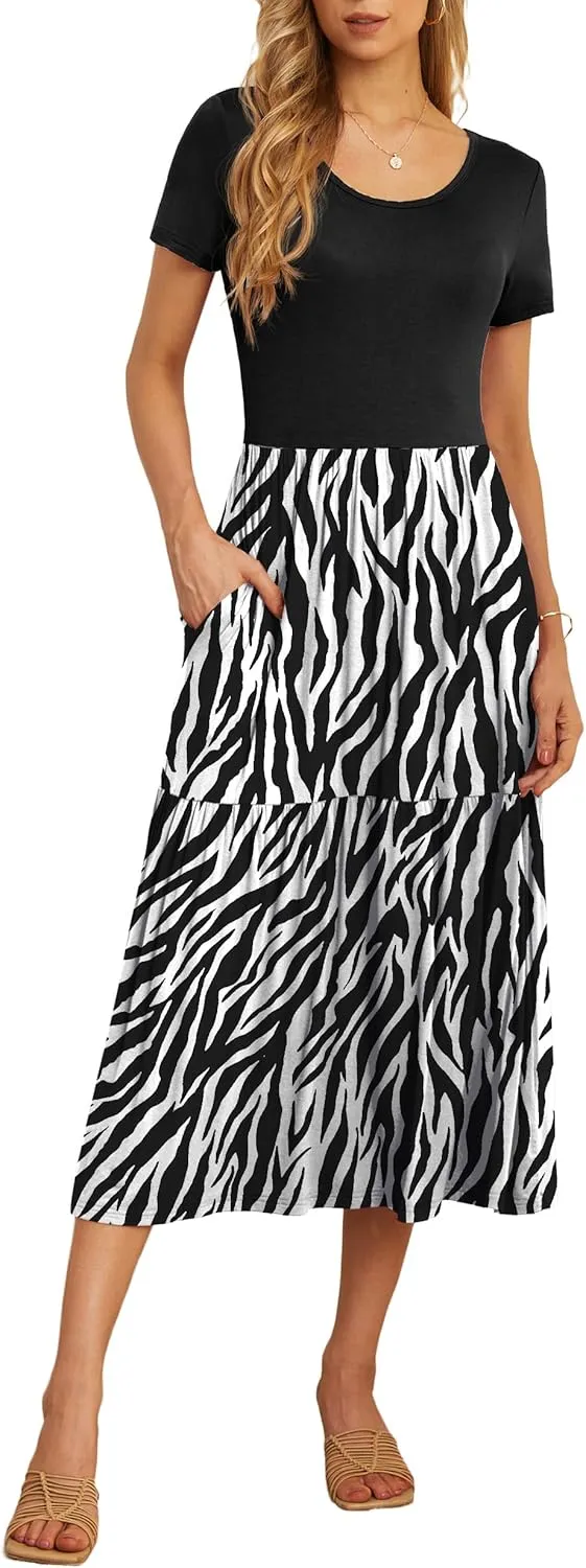 GRECERELLE Women's Summer Casual Crewneck Short Sleeve Aline Tiered Flowy Maxi Dress with Pockets
