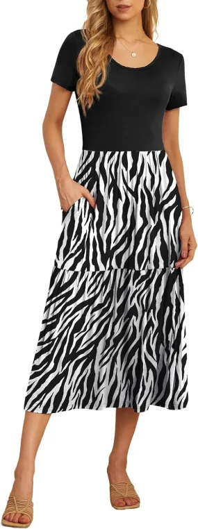 GRECERELLE Women's Summer Casual Crewneck Short Sleeve Aline Tiered Flowy Maxi Dress with Pockets