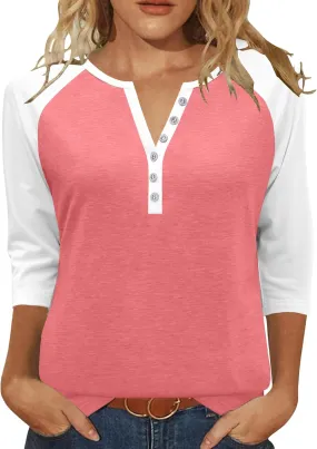 Heymiss Womens Summer Tops 3/4 Length Sleeve V Neck Casual Color Block Tunic Tops Dressy