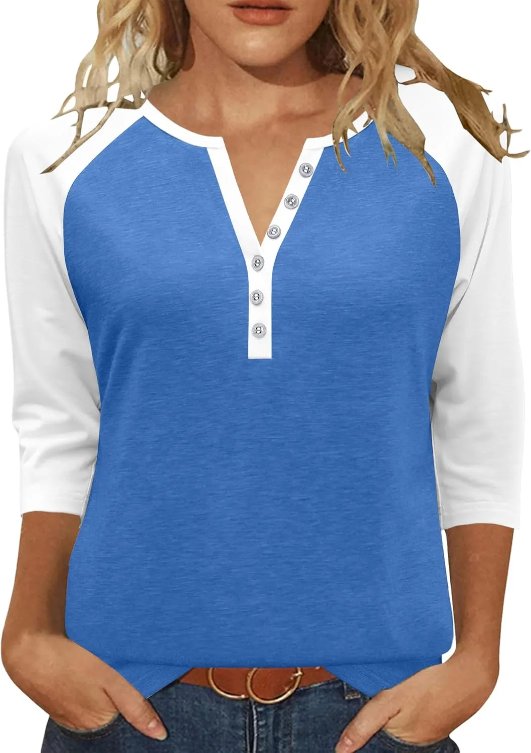 Heymiss Womens Summer Tops 3/4 Length Sleeve V Neck Casual Color Block Tunic Tops Dressy