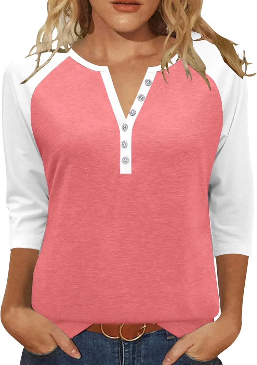 Heymiss Womens Summer Tops 3/4 Length Sleeve V Neck Casual Color Block Tunic Tops Dressy