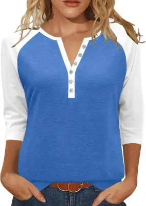 Heymiss Womens Summer Tops 3/4 Length Sleeve V Neck Casual Color Block Tunic Tops Dressy