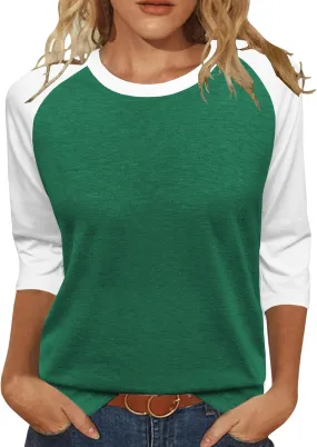Heymiss Womens Tops 3/4 Sleeve Shirts Round Neck Loose Casual Tshirts Color Block Summer Tees