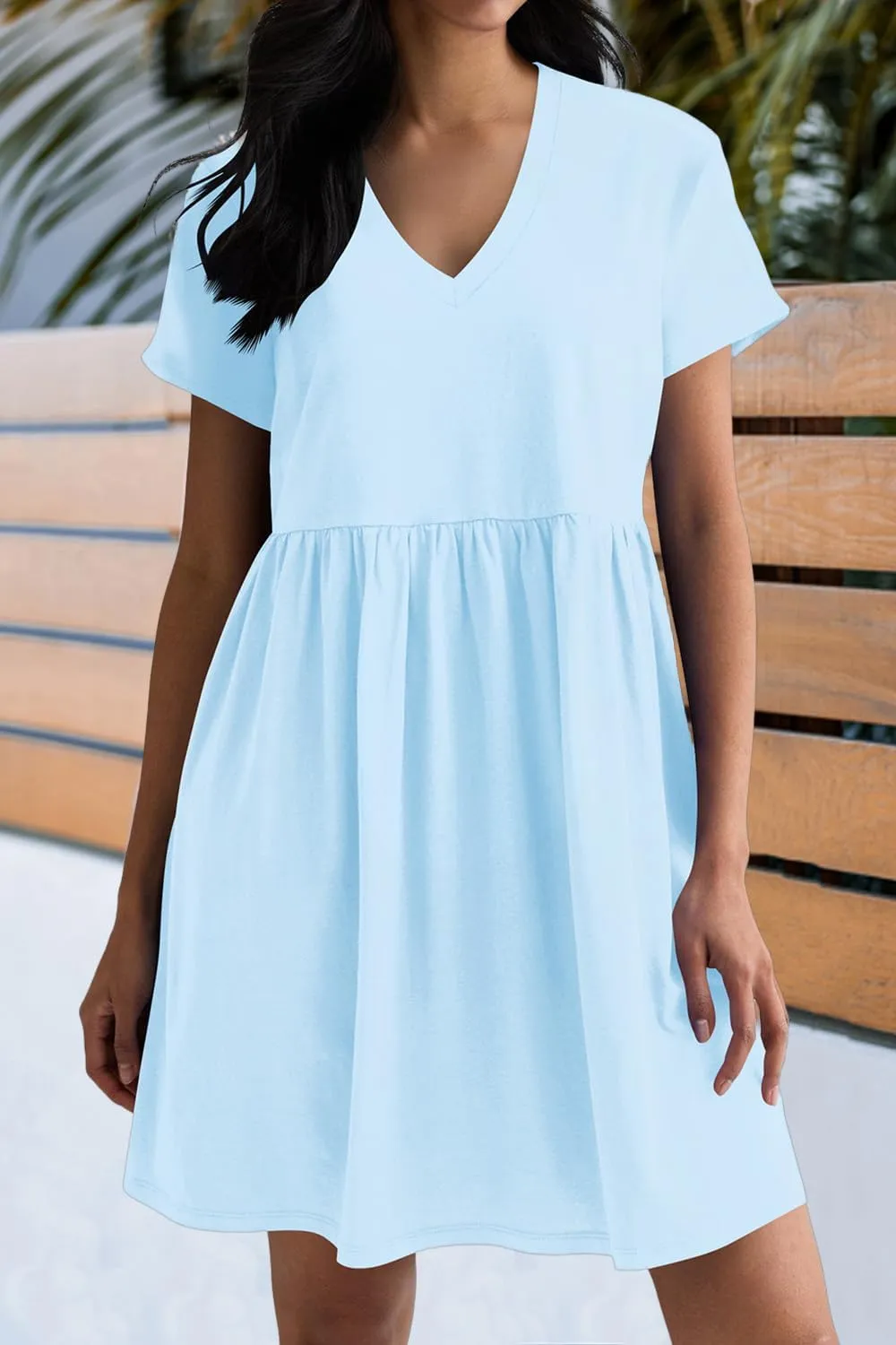 Hocuos Women's Short Sleeve Casual V Neck Mini Dress A Line Loose Pleated Flowy Shift Dresses 2025