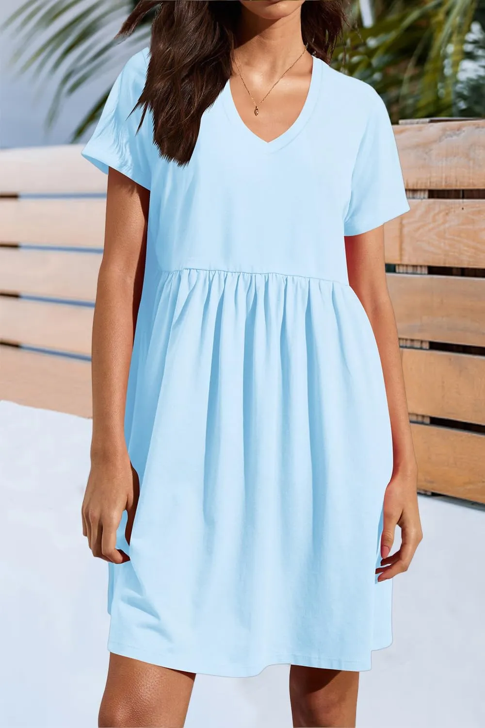Hocuos Women's Short Sleeve Casual V Neck Mini Dress A Line Loose Pleated Flowy Shift Dresses 2025
