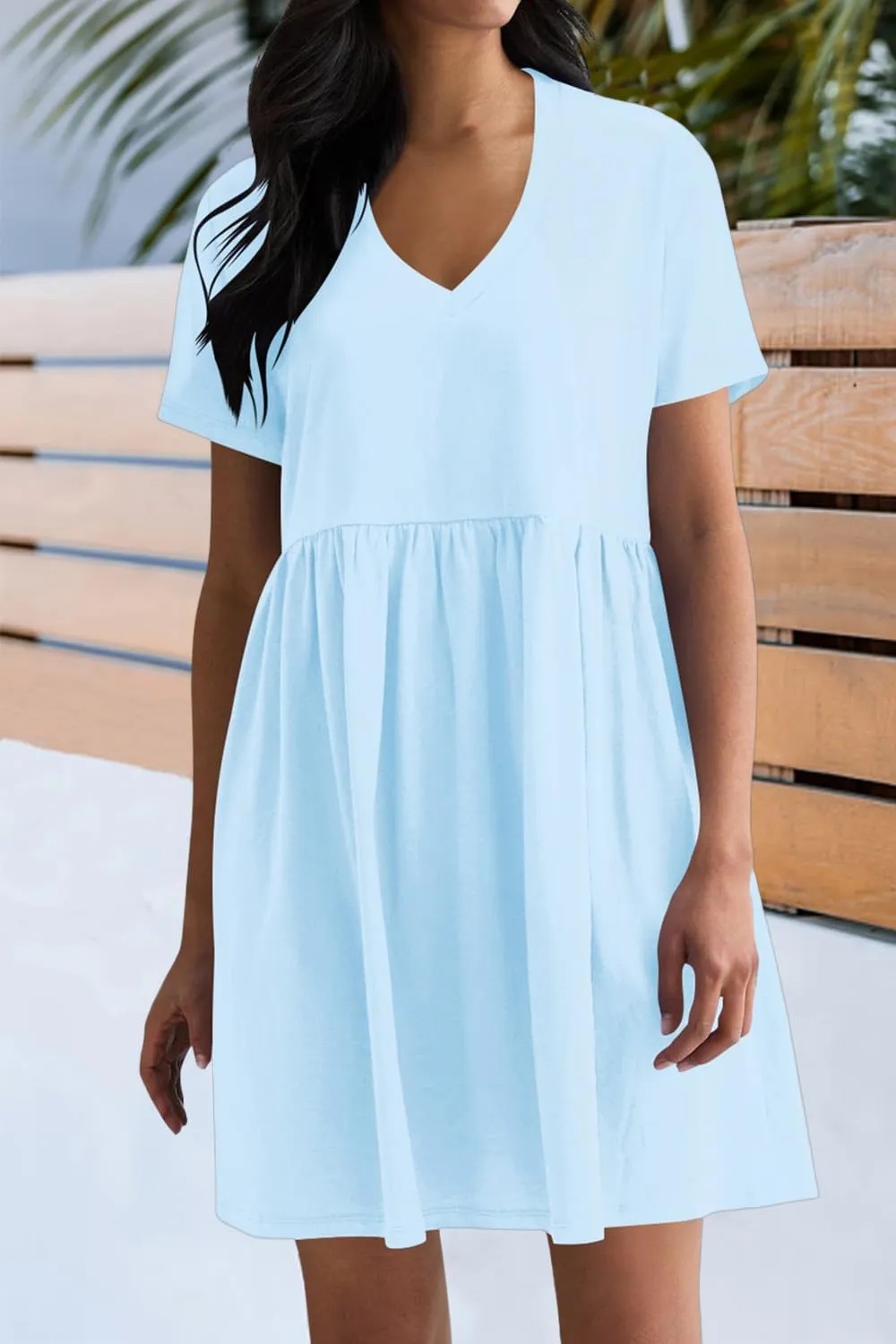 Hocuos Women's Short Sleeve Casual V Neck Mini Dress A Line Loose Pleated Flowy Shift Dresses 2025