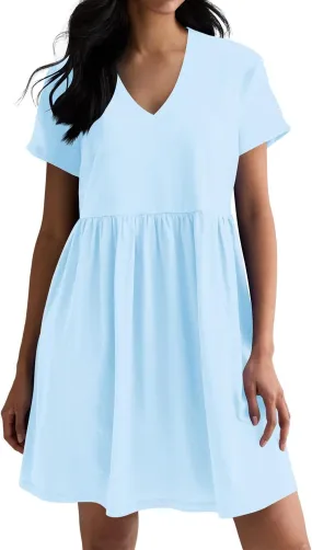 Hocuos Women's Short Sleeve Casual V Neck Mini Dress A Line Loose Pleated Flowy Shift Dresses 2025