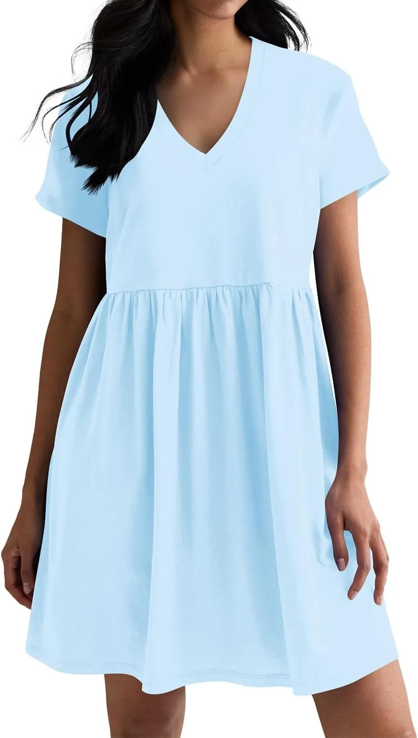 Hocuos Women's Short Sleeve Casual V Neck Mini Dress A Line Loose Pleated Flowy Shift Dresses 2025