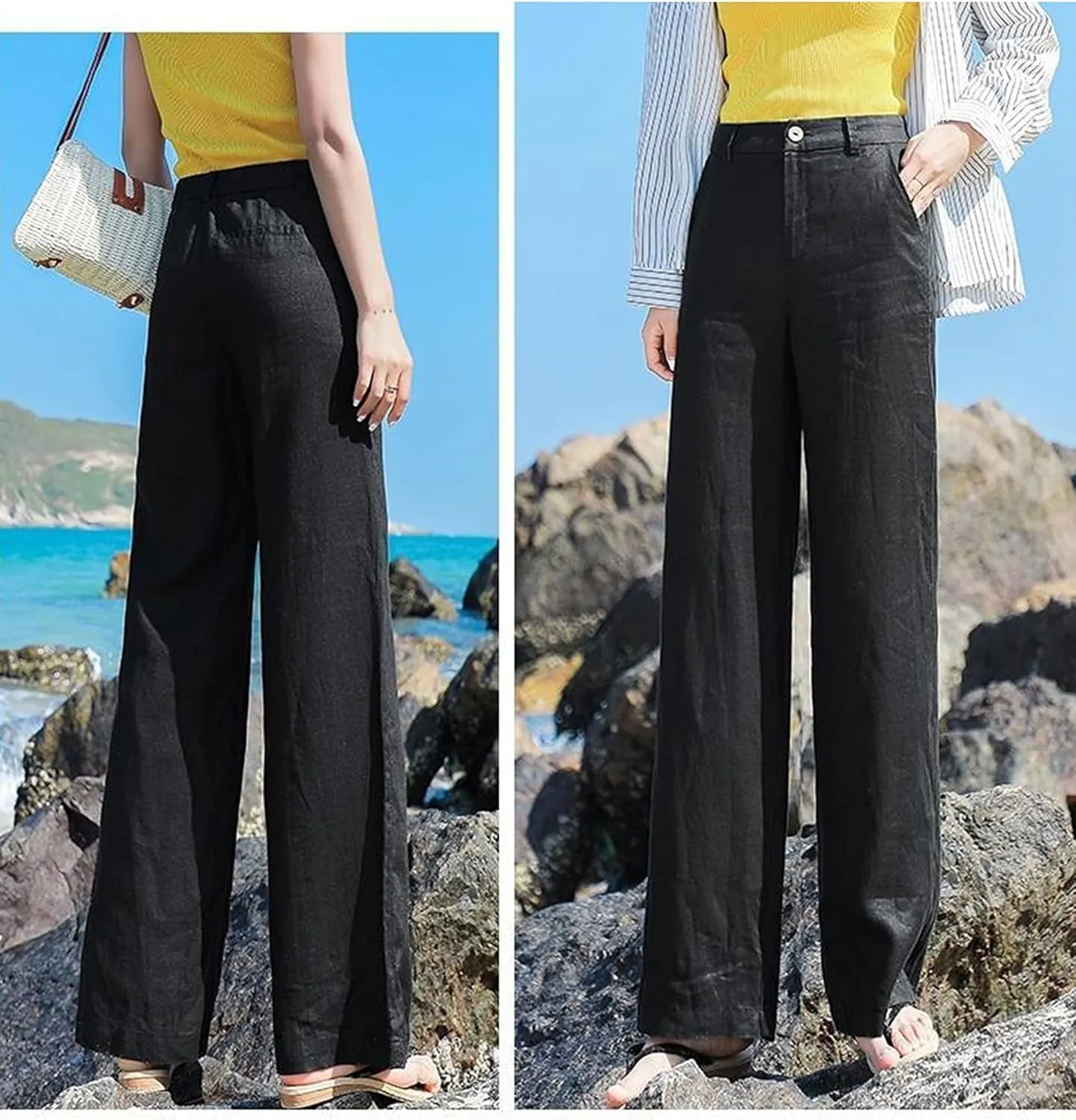 Hooever Womens Casual High Waisted Wide Leg Pants Button Up Straight Leg Trousers