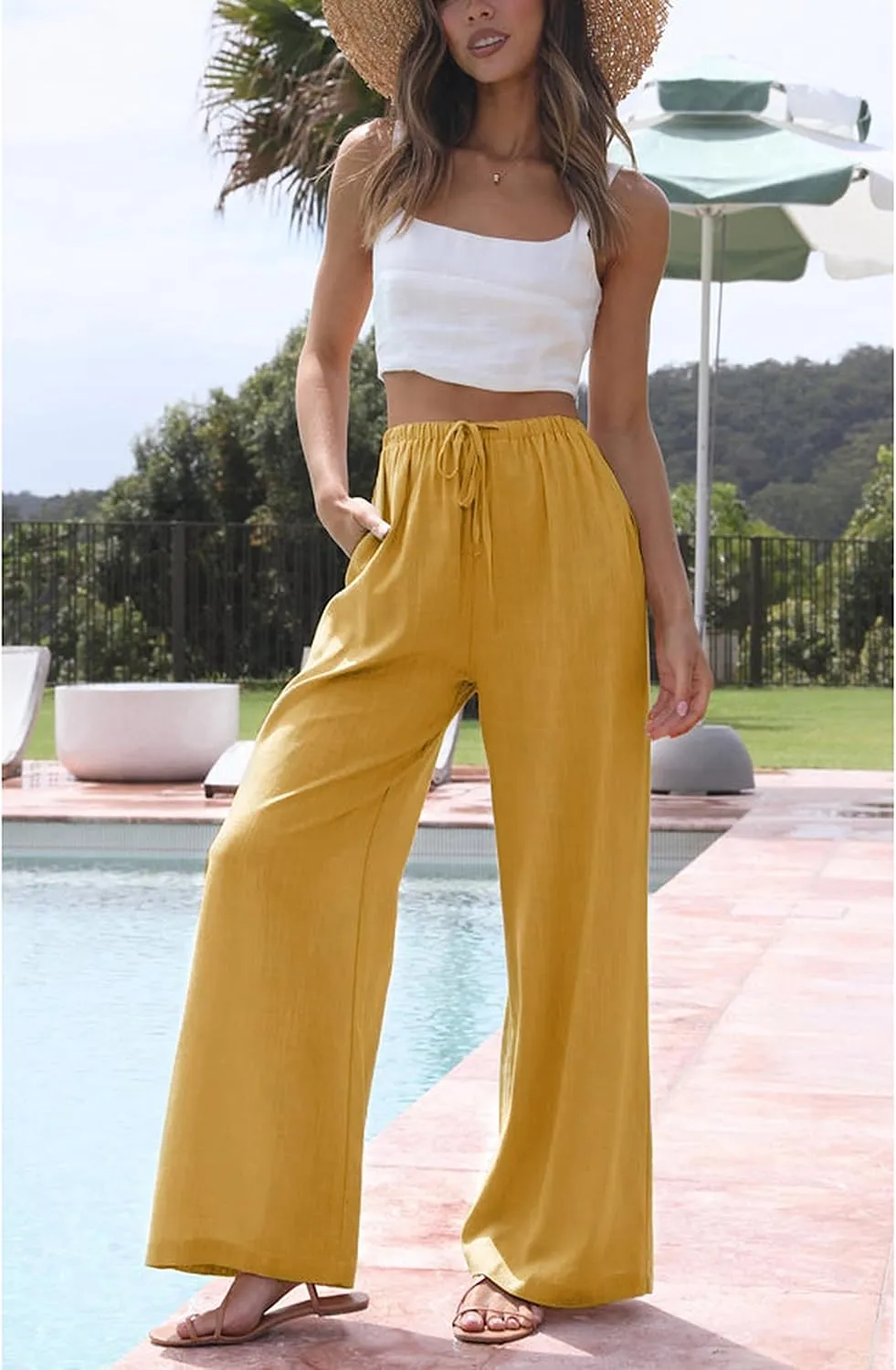 Hooever Women's Wide Leg Cotton Linen Pants High Waist Adjustable Tie Knot Lounge Trousers