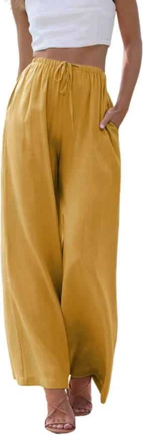 Hooever Women's Wide Leg Cotton Linen Pants High Waist Adjustable Tie Knot Lounge Trousers