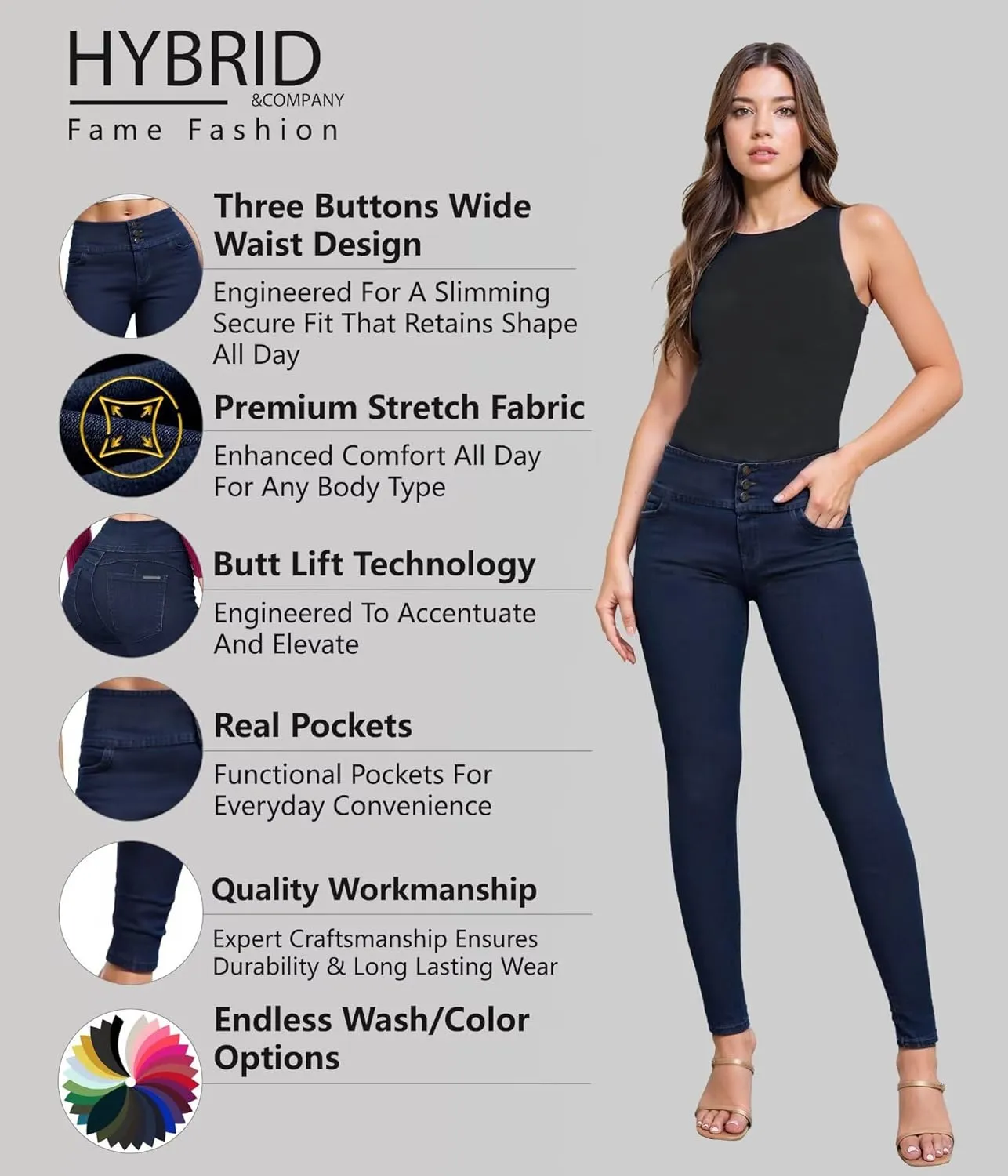 Hybrid & Company Women's Butt Lift Skinny High Waisted V3 Super Comfy Stretch Denim Pants